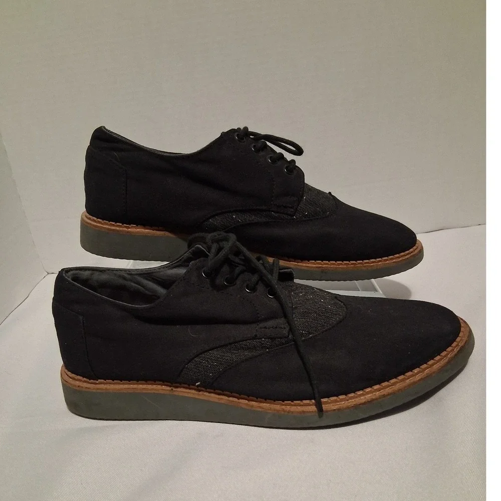 TOMS Mens Black Oxford Brogue Wingtip Shoes M 9.5 Casual Dress Lace Up
